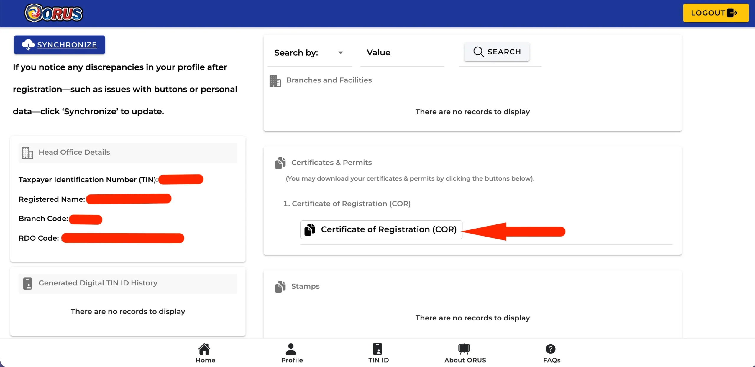 BIR ORUS Generate New Certificate of Registration