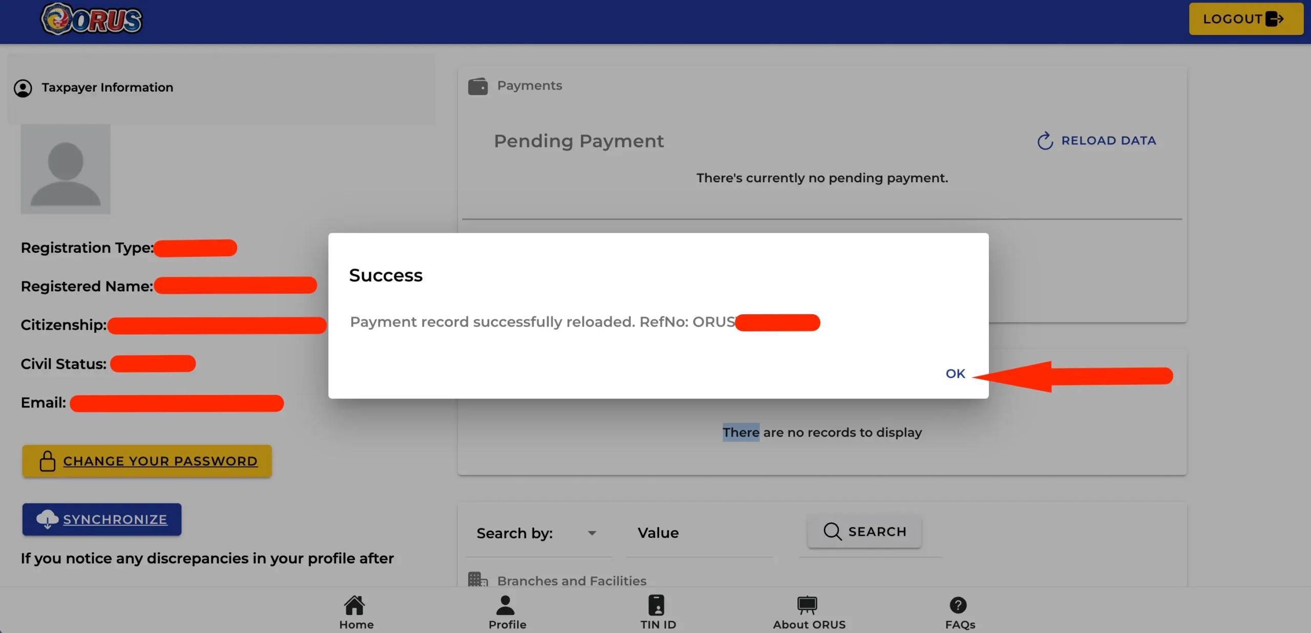 BIR ORUS Payment Recorded Successfully