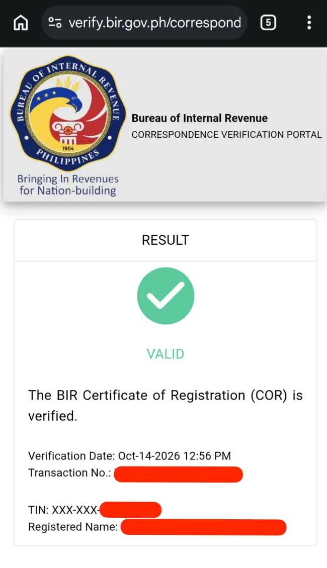 BIR ORUS Successful Registration Page