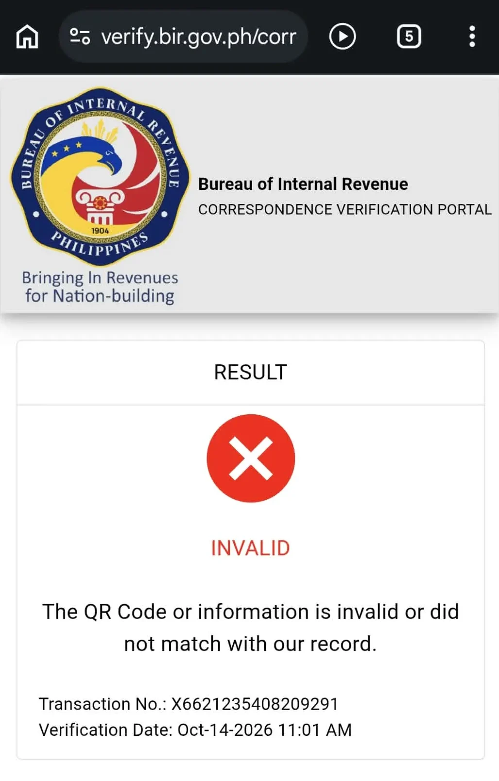 Invalid Error BIR ORUS QR Code